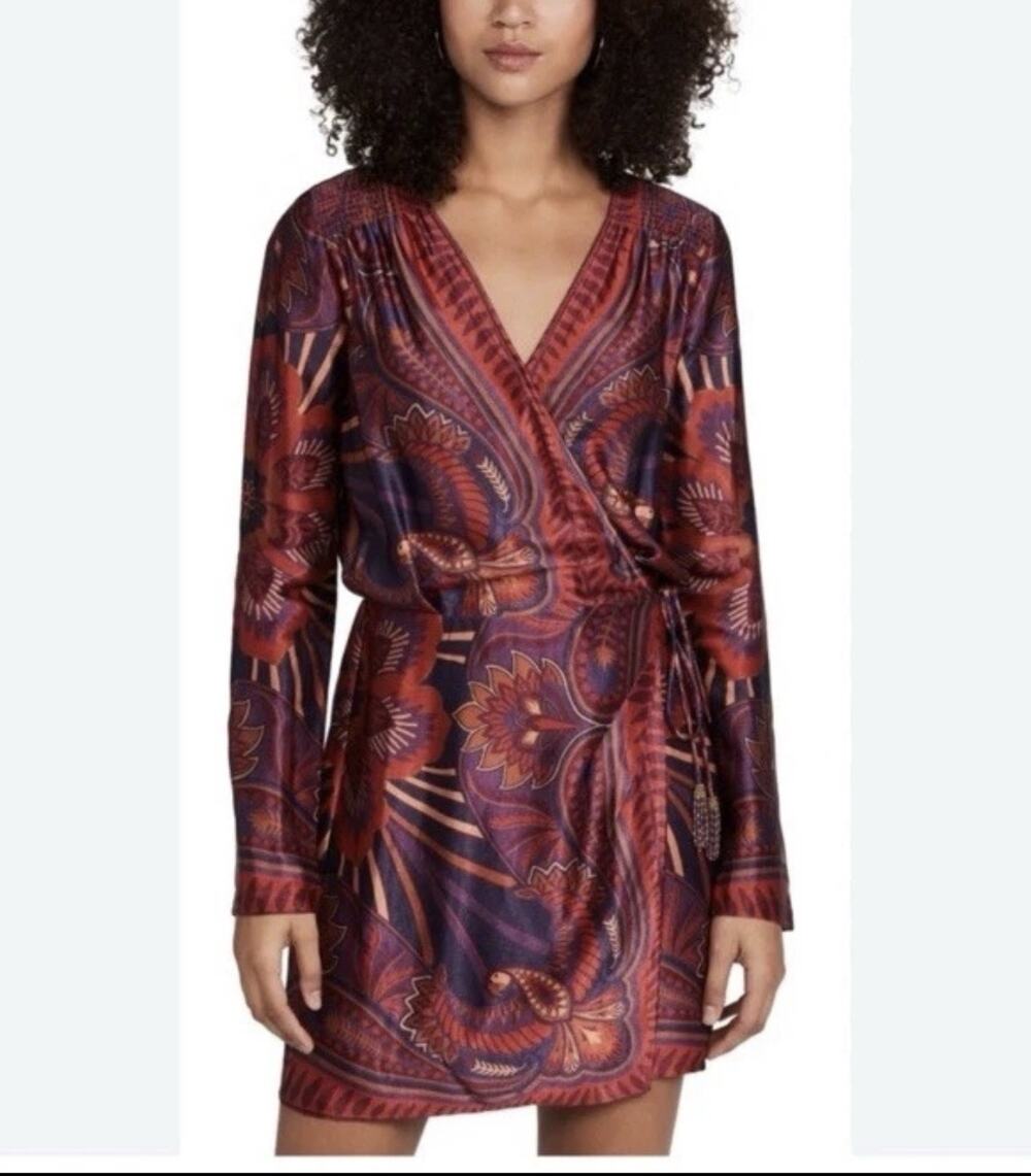 Farm Rio Macaw Arabesque Mini Dress Red Satin Long Sleeve Tropical Y Small